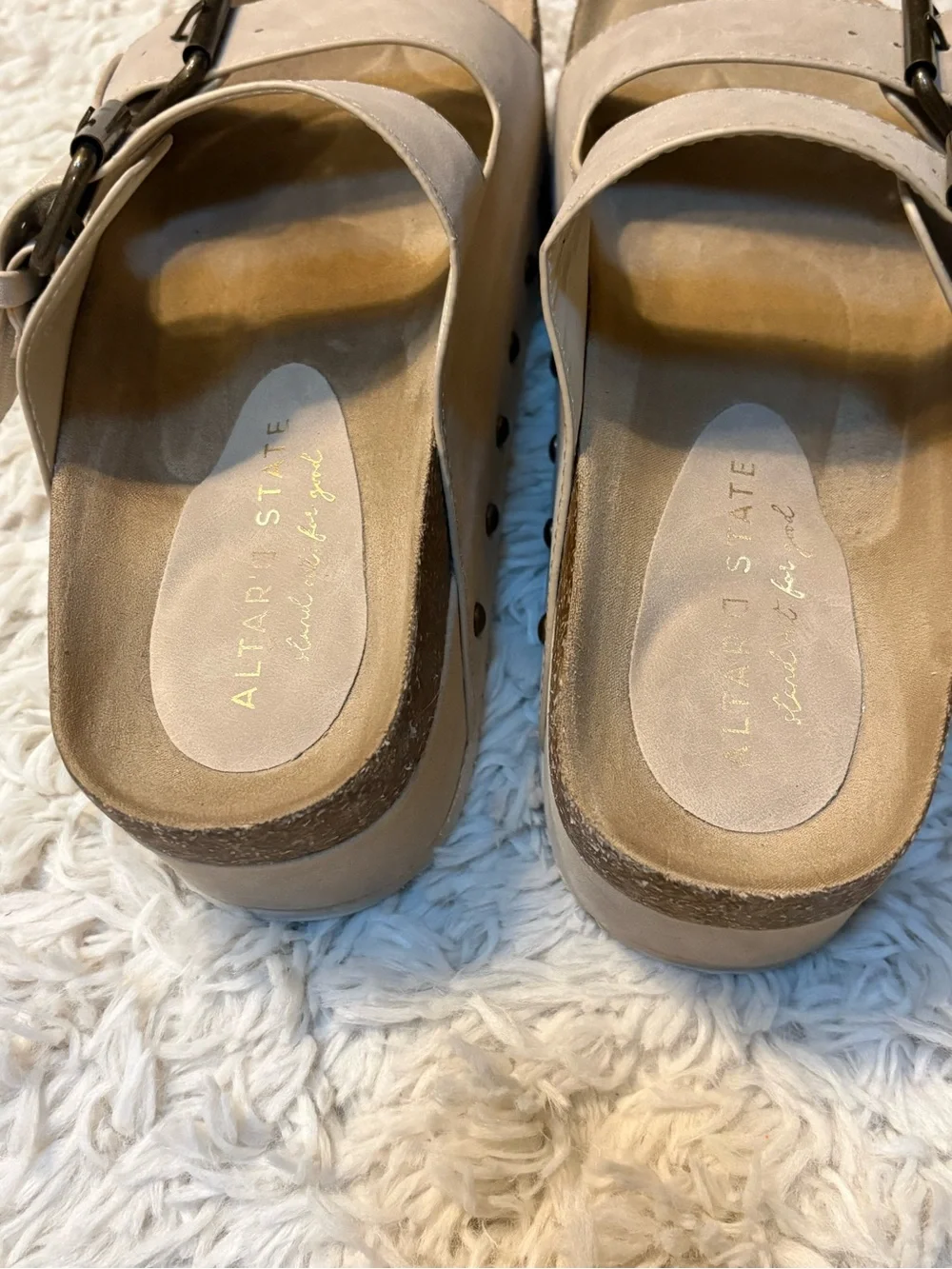 Altar'd State Serenna Platform Sandals Tan Double Buckle Slide Footbed Chunky